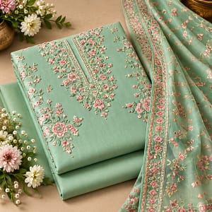 Mint Blossom Embroidered Suit Material